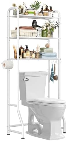 Simple Trending Over The Toilet Storage Rack, Metal 3 Tier Bathroom Organizer Shelf with Paper Holder and 3 Hooks, Freestanding Shelf Space Saver Above Toilet, White - Image 3