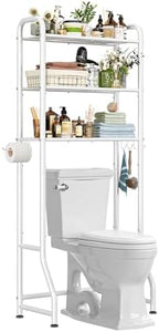 Simple Trending Over The Toilet Storage Rack, Metal 3 Tier Bathroom Organizer Shelf with Paper Holder and 3 Hooks, Freestanding Shelf Space Saver Above Toilet, White - Image 3