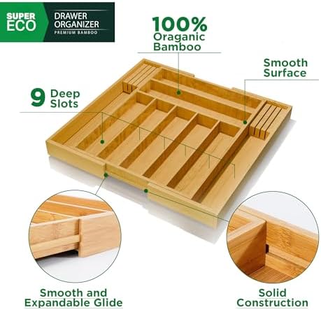 Bamboo Kitchen Drawer Organizer - Bamboo Expandable Drawer Organizer Utensil Holder & Cutlery Tray - Adjustable Wood Drawer Dividers Organizer for Silverware, Flatware, Knives (9 Slot) - Image 2