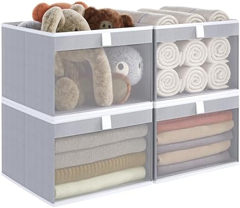 Linen Closet Organizers and Storage, Closet Storage Bins Basket Organizer, Foldable Organization Baskets with Mesh Window for Clothes Towels and Toys, 10.75" x 10.75" x 7.5", Gray, 4 pack by Coyacool