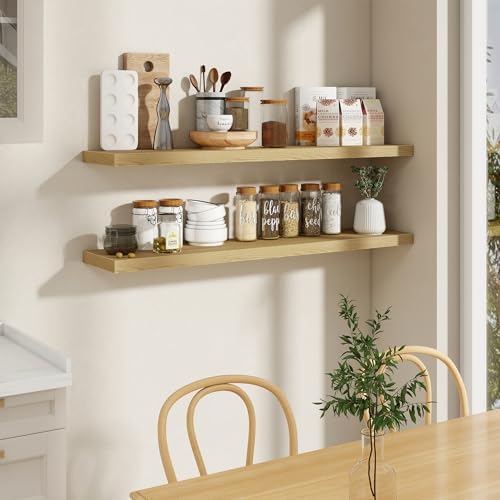 Fun Memories 55 Inch Long Floating Shelves for Wall, 55x9.3 Large Floating Shelf for Bedroom, Kitchen, Bathroom, Wall Mounted Rustic Wood Shelves with Invisible Bracket for Books, Decor, Oak - Image 2