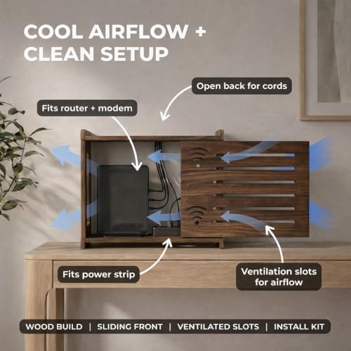 Router Box Hider, Router Shelf WiFi Box Hider, Wooden WiFi Storage Cabinet with Sliding Panel, Vented Back, Cable Management, Modem Cover, Cords & Power Strip, Wall Mount or Tabletop (Dark Oak) - Image 4