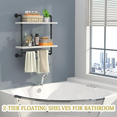 Helsin 24inch Industrial Pipe Shelving Bathroom Shelves Wall Mounted with Towel bar, 2 Tier Rustic Wood Floating Shelf, Metal Towel Rack Wall Shelf for Home & Bathroom (White, 24inch) - Image 6
