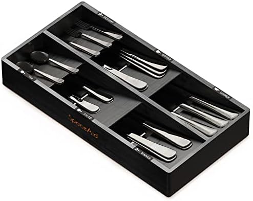 SpaceAid Bamboo Silverware Drawer Organizer with Labels, Kitchen Utensil Tray Holder Organizer for Flatware, Cutlery, Spoon and Knives Drawer Storage Organization (Black, 6 Slots) by SpaceAid