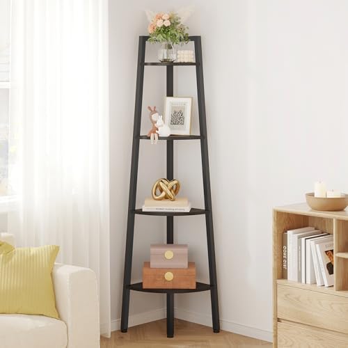 Hoctieon Corner Shelf, 4-Tier Corner Bookshelf, Rustic Ladder Shelf, Industrial Display Stand for Living Room, Kitchen, Home Office, Balcony, Small Space, Metal Frame, Black by Hoctieon