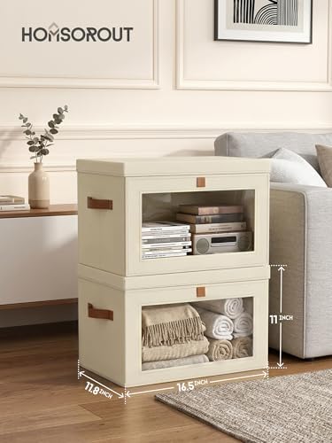 Homsorout Large Closet Storage Organizer - Clothes Storage Bins with Handles & Window, Collapsible Decorative Boxes with Lids, Fabric Containers for Living Room, Dorm, 2 Pack, Beige - Image 5
