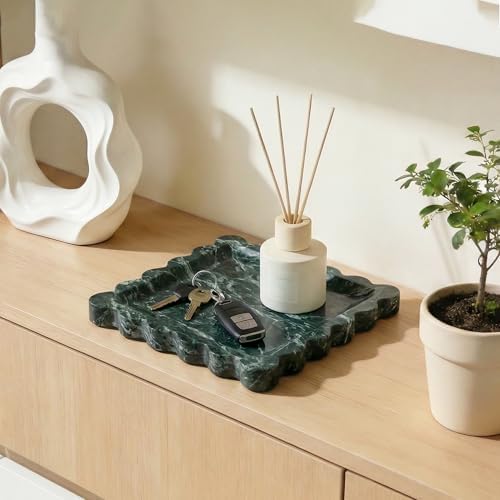 Scalloped Square Marble Decorative Tray, Natural Stone Vanity & Jewelry Tray, Trinket Organizer for Ring, Key, Dresser, Nightstand, Bathroom Counter & Kitchen Sink(Verde Alpi Green) - Image 5