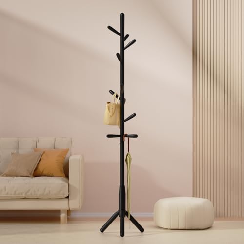 Solid Wood Coat Rack, Freestanding Tree-Shaped Coat Rack with 11 Hooks, Main Pole 1.6" dia for Clothes, Hat Stand Used in Bedroom/Office/Entryway (3-Leg Base, Black) - Image 5