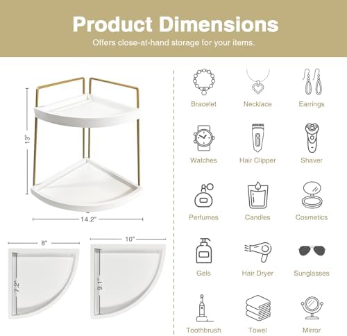 Forbena Corner Bathroom Counter Organizer, 2 Tier Bathroom Organizer Countertop, Small Bathroom Sink Top Trays Corner Shelf Stand for Makeup Vanity Perfume Skincare Decor Storage (White and Gold) - Image 2