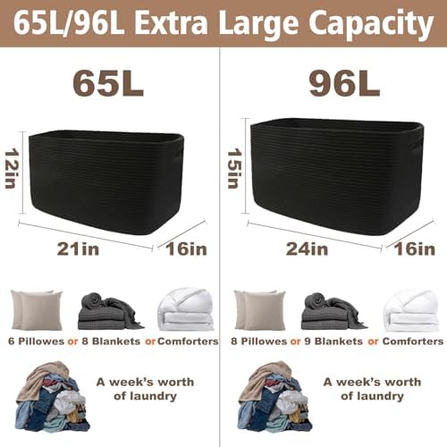 JMvicyroam 65L Large Woven Cotton Rope Blanket Basket, Black - Image 3