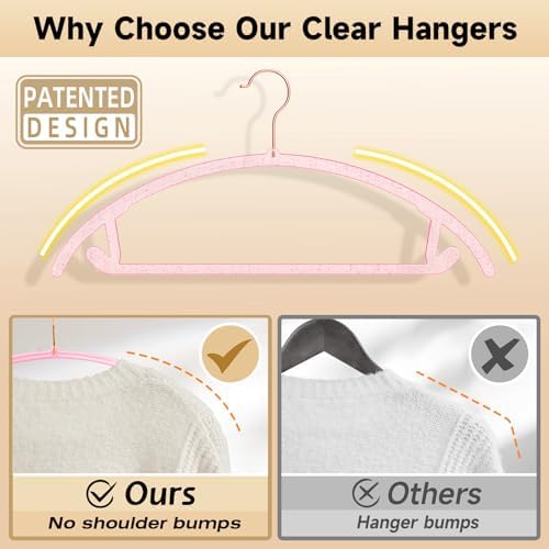 MIZGI Clear Hangers 50 Pack, Pink Glitter Acrylic Hangers,Patented Design - Image 3