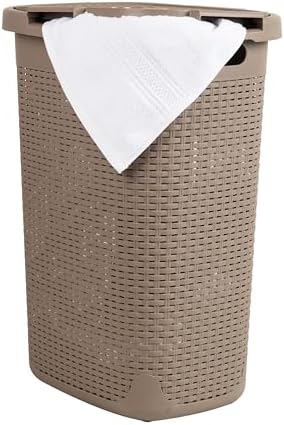 Mind Reader Slim Laundry Hamper with Lid, 60L Tall Clothes Basket, Narrow Tapered Design for Bathrooms, Closets and Laundry Rooms, Plastic, Tan by MindReader
