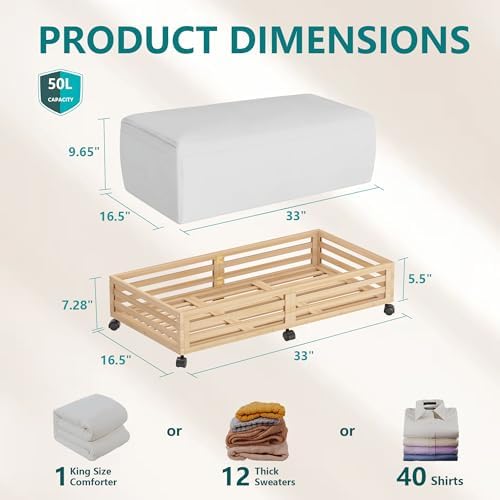 Wisuce 2 Packs Bamboo Under Bed Storage Organizer with Wheels Nature Large - Image 2