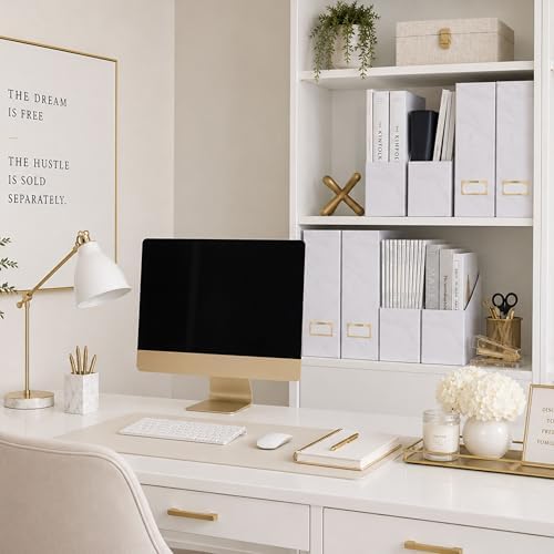 BLU MONACO Set of 4 Magazine Holders | White Marble Design with Gold Label Holders | Foldable File Organizer Boxes for Desk, Office & Classroom | Stylish Paper & Magazine Storage - Image 2