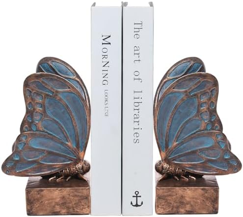 Vintage Blue Butterfly Bookends,Resin Book Ends for Shelves,Heavy Duty Decorative Bookends,Creative Book Stopper Holder Decor for Desk Home Office,Shelf Decoration,Gifts for Mother's Day by Kakizzy