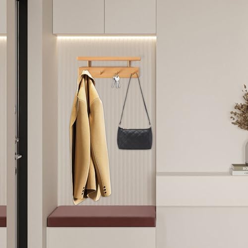 Solid Wood Shelf with Hooks, 12 inch Coat Rack Wall Mount, Shelves with 4 Brass Hooks for Hanging in Entryway, Living Room, Bathroom, Bedroom, Kitchen(Beechwood) - Image 3