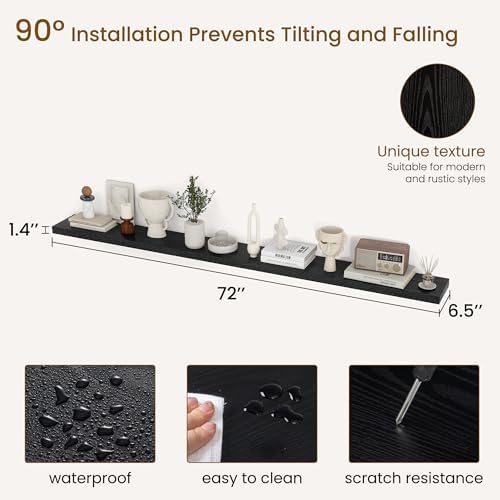 Dreamland 72Inch Floating Shelves for Wall, Rustic Wooden Black Floating Shelves for Living Room, Kitchen, Farmhouse, Deep Wall Mounted Book Shelf, Wood Storage Display Shelf for Home Decor, Set of 2 - Image 3