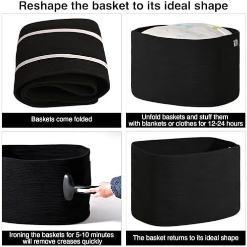 ICERZCZ Large Black Blanket Basket, Storage Baskets for Blankets, Woven Baskets for Storage, Woven Cotton Rope Basket for Toys, Clothes, Shoes, Books, Black, 25”x16”x16” (105L) - Image 7