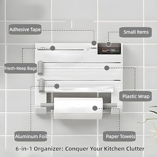 6-in-1 Wall Mounted Plastic Wrap&Foil Dispenser with Cutter–PP Kitchen Organizer w/Paper Towel, Tape, Bag&Small Tray, No Drill/Screw Mount White-Aluminum Foil Rack Organizer&Organizer Foil Cling Wrap - Image 2