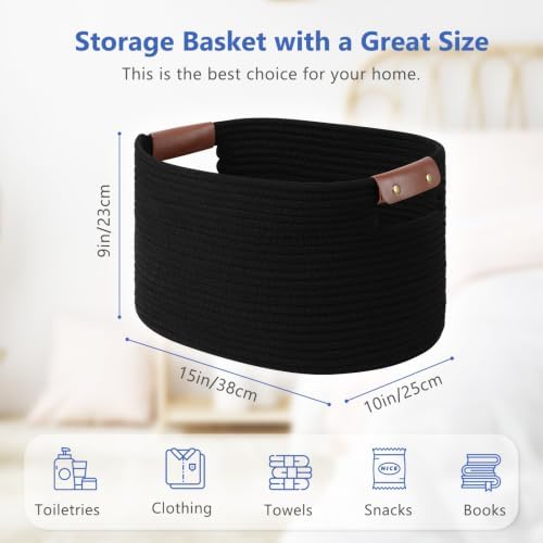 ECDYQXVU 15x10x9 Black Woven Cotton Rope Storage Basket Handles 3 Pack - Image 3