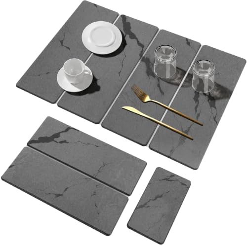 Stone Dish Drying Mat for Kitchen Counter-Dark Gray Marble 24"×16" & 8"x4" by MAGKOTA