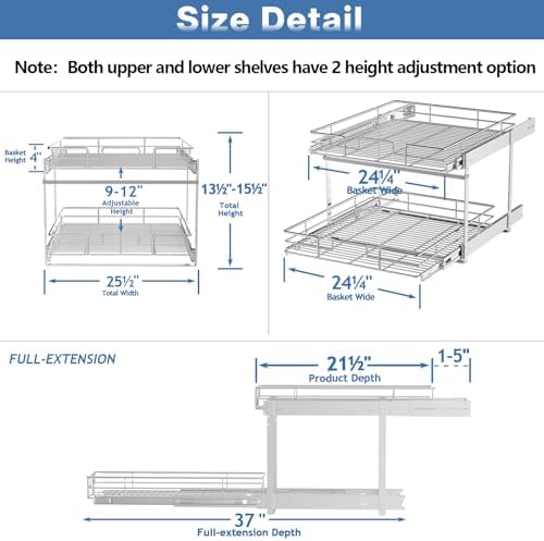 2 Tier Individual Pull Out Cabinet Organizer 25½" W x 21½" D, Heavy Duty Cabinet Pull Out Shelves, Slide Out Drawers Organization for Kitchen Cabinets Bathroom - Image 3