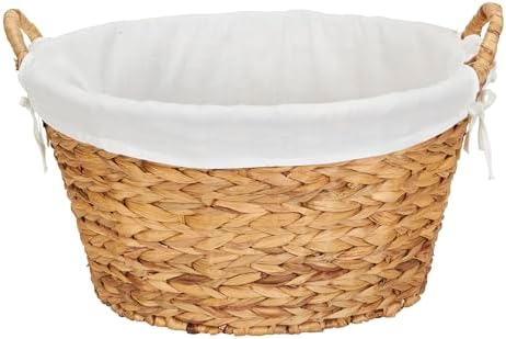 Household Essentials Round Wicker Laundry Basket with Handles, Whimsical Water Hyacinth Basket, Supportive Metal Frame, Removable Polyester Liner, Handwoven, Well-Structured and Versatile, Natural by HouseholdEssentials