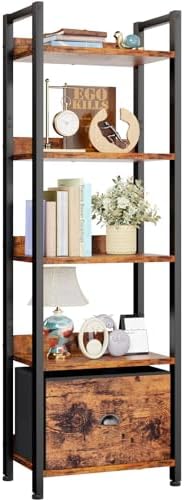 Furologee 5 Tier Bookshelf with Drawer, Tall Narrow Bookcase, Rustic Brown by Furologee
