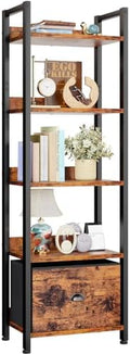 Furologee 5 Tier Bookshelf with Drawer, Tall Narrow Bookcase, Rustic Brown by Furologee