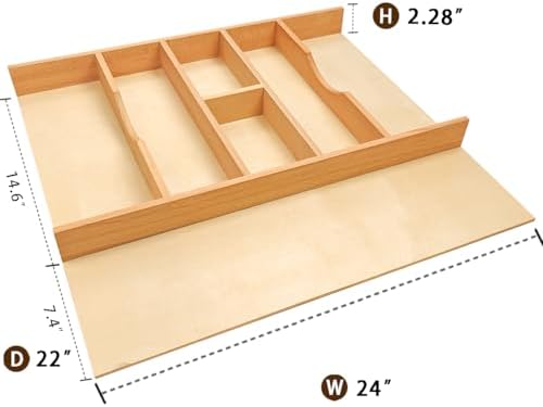 Silverware Drawer Organizer - Trim-to-Fit with Adjustable Dividers for Kitchen Utensil Storage, Beech Wood Frame with 11 Sizes (24" W x 22" D) - Image 4