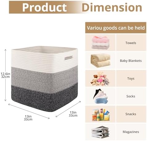 OIAHOMY 13 Inch Cube Storage Bins, 3-Pack Cotton Rope Woven Baskets for Organizing, Insert Storage Baskets for Shelves, Baby Nursery, Closet Organizer, 13 * 13 * 12.6IN, Gradient Gray - Image 2
