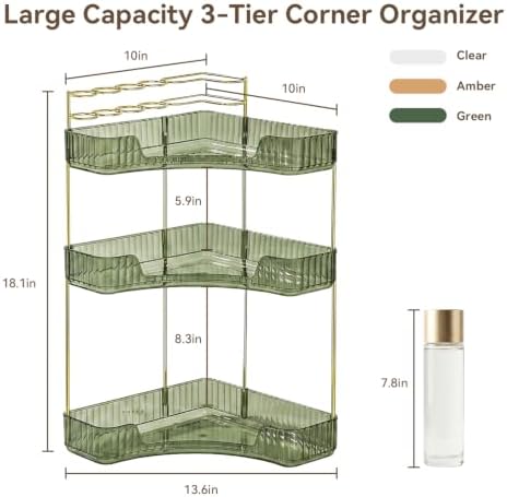 3-Tier Corner Bathroom Counter Organizer with Makeup Brush Holder, Green - Image 2
