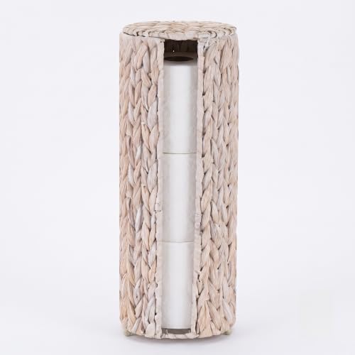 PINXIURY Water Hyacinth Paper Roll Holder, Wicker Toilet Paper Holder Stand for Bathroom, Toilet Roll Holder Stand for Bathroom and Under Sink, 3 Rolls of Toilet Paper Storage, Whitewash by PINXIURY