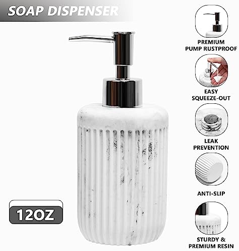 XLHOMO Resin White Marble Bathroom Accessories Set 5 Pcs, Lotion Soap Dispenser, Toothbrush Holder, Bathroom Tumbler, Qtip Holder and Vanity Tray, Bathroom Countertop Organizer Set for Home Apartment - Image 3