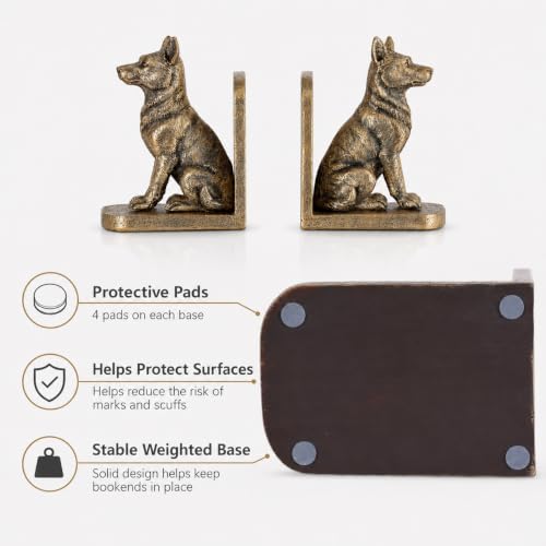 German Dog Bookends Set of 2,Decorative Book Ends for Shelves,Antique Gold Resin Shepherd Dog Statues,Aesthetic Bookshelf Decor,Book Holders for Home Office Desk Library,Vintage Shelf Styling Gift - Image 7