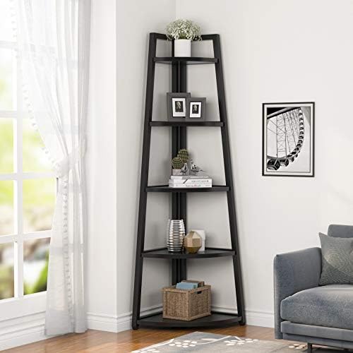 Tribesigns 70 inch Tall Corner Shelf, 5 Tier Modern Corner Bookshelf Bookcase Industrial Corner Ladder Shelf Plant Stand for Living Room, Kitchen, Home Office (Black) - Image 3