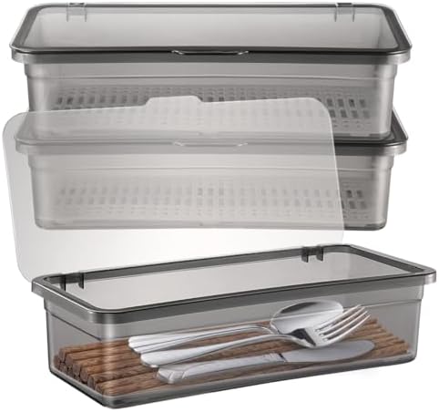 Cabilock 3 Pack Silverware Organizer with Lid, Cutlery Tray Utensil Holder for Kitchen Drawer, Dustproof Flatware Storage Box with Drainer for RV Camping, Black - Image 6