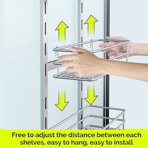 Orimade Shower Caddy Adjustable Height 4 Tier Silver,Bathroom Hanging Over the Door Organizer Shelf Rustproof with 4 Hooks,Shower Basket with Soap Holder and Suction Cup - Image 2