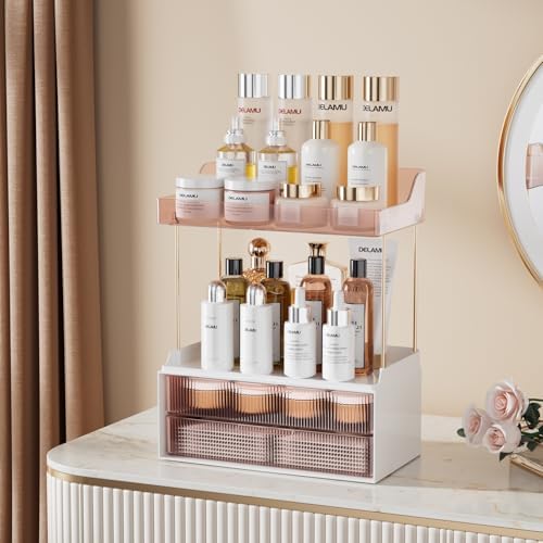 Delamu 4-Tier Makeup Organizer, Bathroom Counter, 2 Drawers, Grapefruit - Image 3