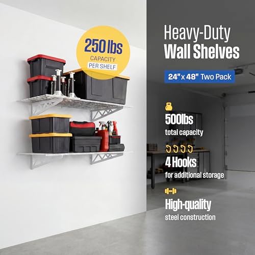 SafeRacks Steel Garage Wall Shelves 2-Pk w/Hooks, 500lb, White (24x48) - Image 2