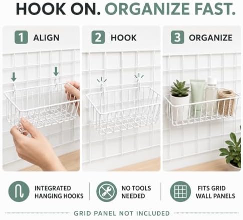 10 Pack Wall Grid Panel Hanging Wire Basket, Metal Wall Storage and Display Basket, Grid Wall Storage Basket for Kitchen, Home Decor Supplies - White (9x3.9x3in) - Image 4
