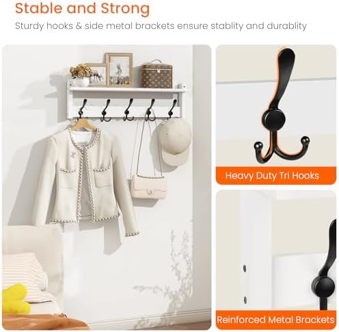 Homode Wall Shelf with Hooks, 24 Inch Coat Rack with Tri Hooks - Image 4