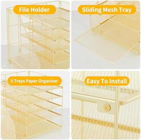 LEKETREE Desk Organizers and Accessories, 5-Tier Paper Letter Tray Organizer with File Holder, Desktop Organizer for Office Supplies (Gold) - Image 3