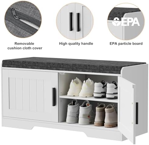 Homleke Shoe Storage Bench, 2 Doors & Thickened Padded Seat Cushion - Image 7