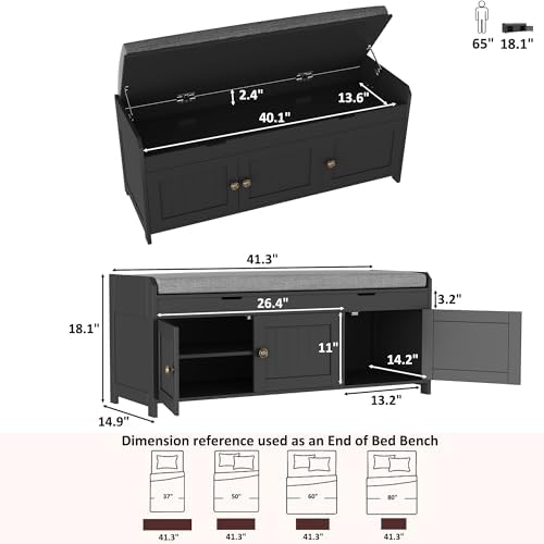 HOMEFORT 41.3" Shoe Bench with Lift Top Storage, Entryway Bench with Cushioned Seat, Wooden End of Bed Bench, Shoe Cabinet Bench with Hidden Storage Space, for Bedroom, Hallway,Black - Image 3