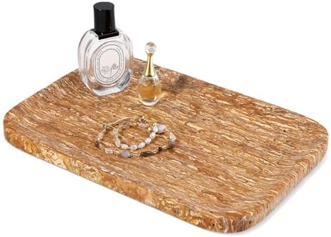 Karibiber Natural Marble Vanity Tray, 11.8" Travertine/Stone Bathroom Tray Countertop, Golden Stone for Perfume Jewelry Holder, Decorative Dresser Organizer, Storage for Kitchen Sink(Walnut Traver) by Karibiber