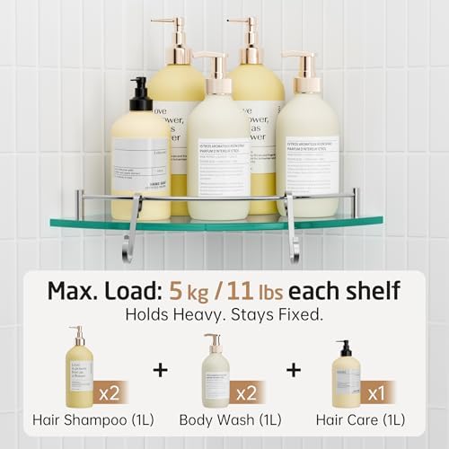 KES Glass Corner Shelf with Hooks 18/8 Stainless Steel, Tempered Glass Bathroom Corner Shelf with Rail, Shower Glass Shelf 2 Pack Wall Mounted, Polished Finish, BGS2101A-P2 - Image 3