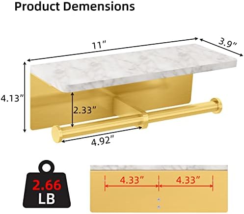 Gypie Brushed Gold Toilet Paper Holder with Marble Shelf, Double Rolls - Image 6