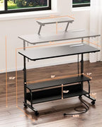 Height Adjustable Standing Desk with Power Outlets and LED Lights - 39" Manual Stand Up Desk with Monitor Stand and Storage Shelves Small Mobile Rolling Computer Desk Portable Laptop Table, Black - Image 3