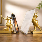 Sculptural Bookends Set of 2, Decorative Modern Bookends with Adjustable Phone & Tablet Holder, Artistic Resin Book Ends for Shelves, Durable Home & Office Decor – Metallic Gold - Image 6